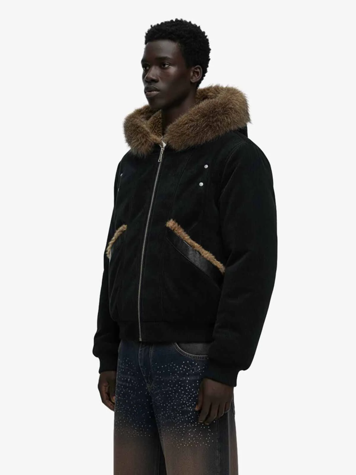 Retro Detachable Faux Fur Collar Suede Fleece Hoodie Jacket - Image 3