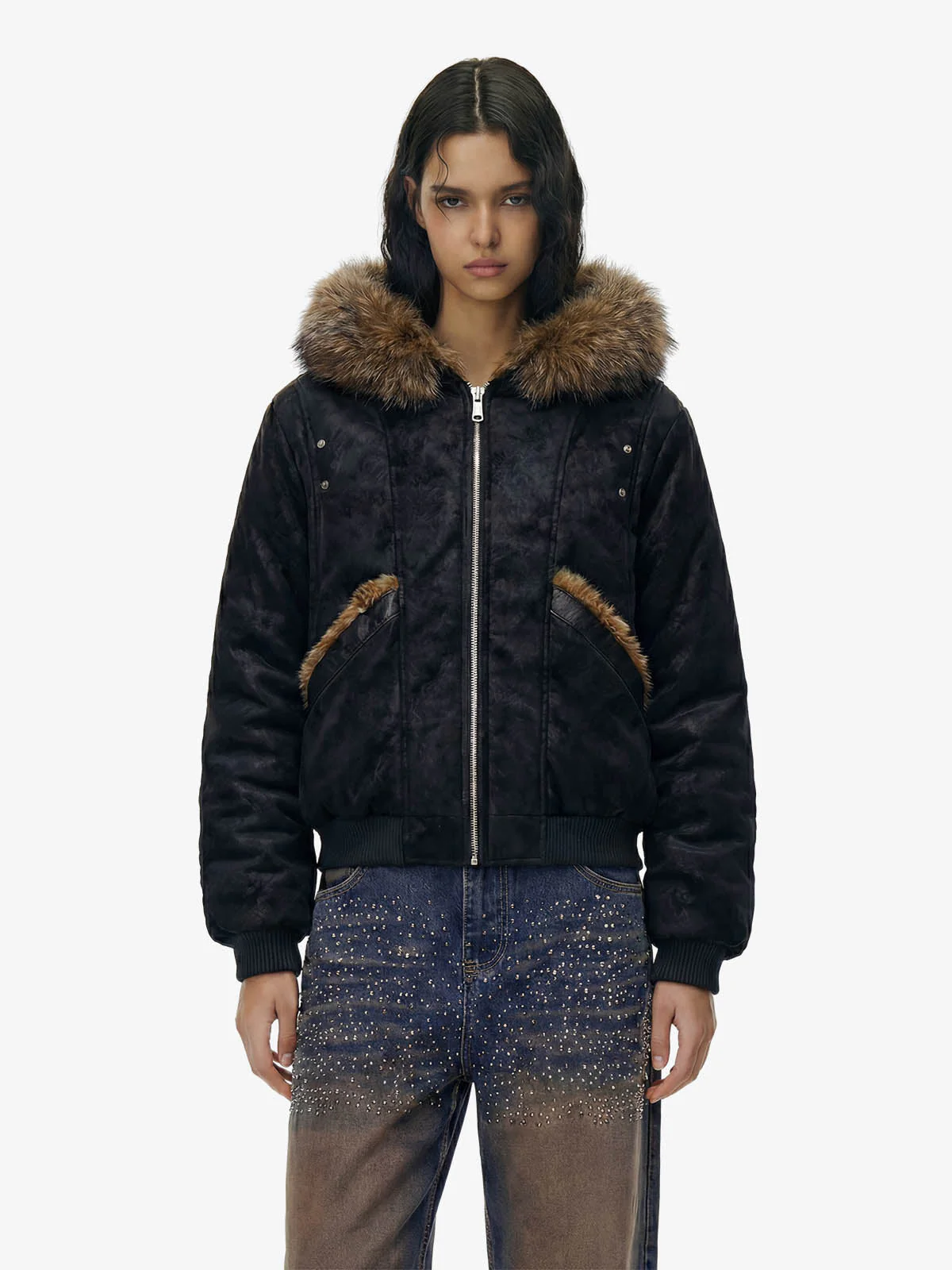 Retro Detachable Faux Fur Collar Suede Fleece Hoodie Jacket - Image 5