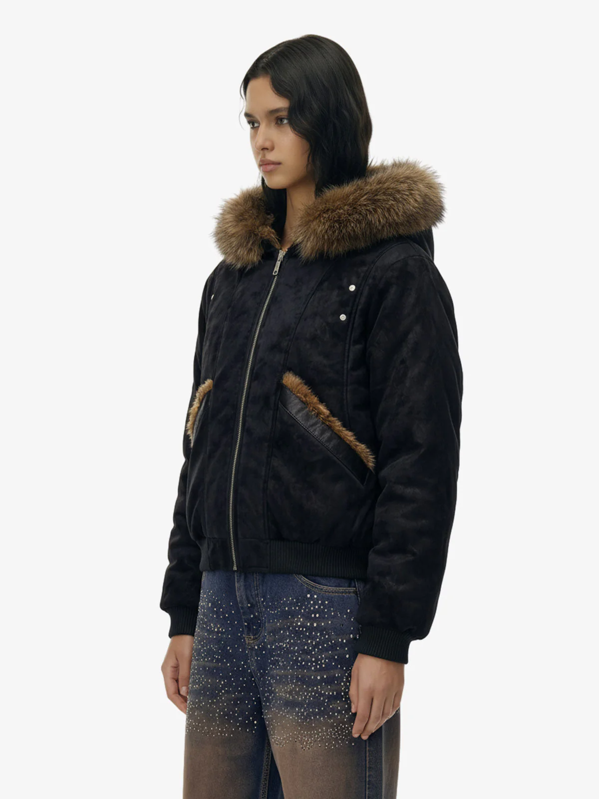 Retro Detachable Faux Fur Collar Suede Fleece Hoodie Jacket - Image 6