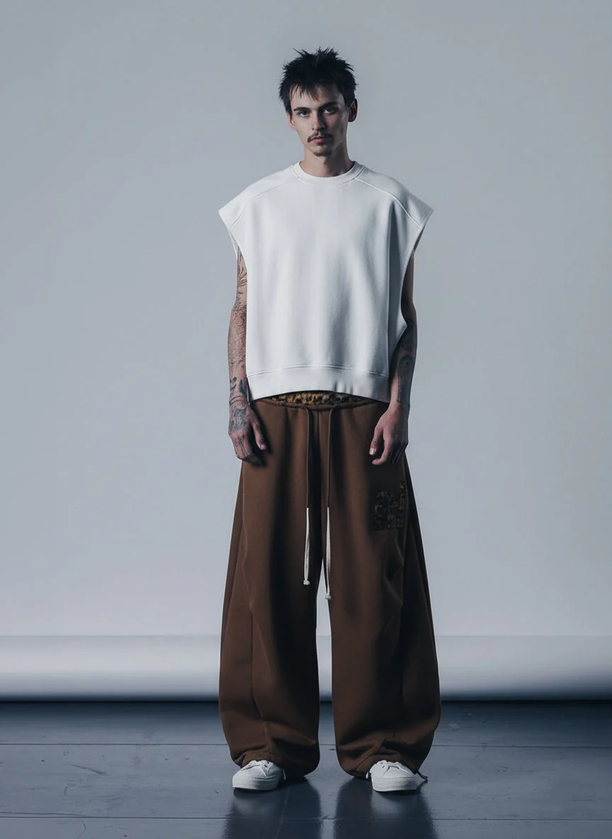 Retro Double-Waist Leopard Patch Barrel Pants - 2564 - Image 3