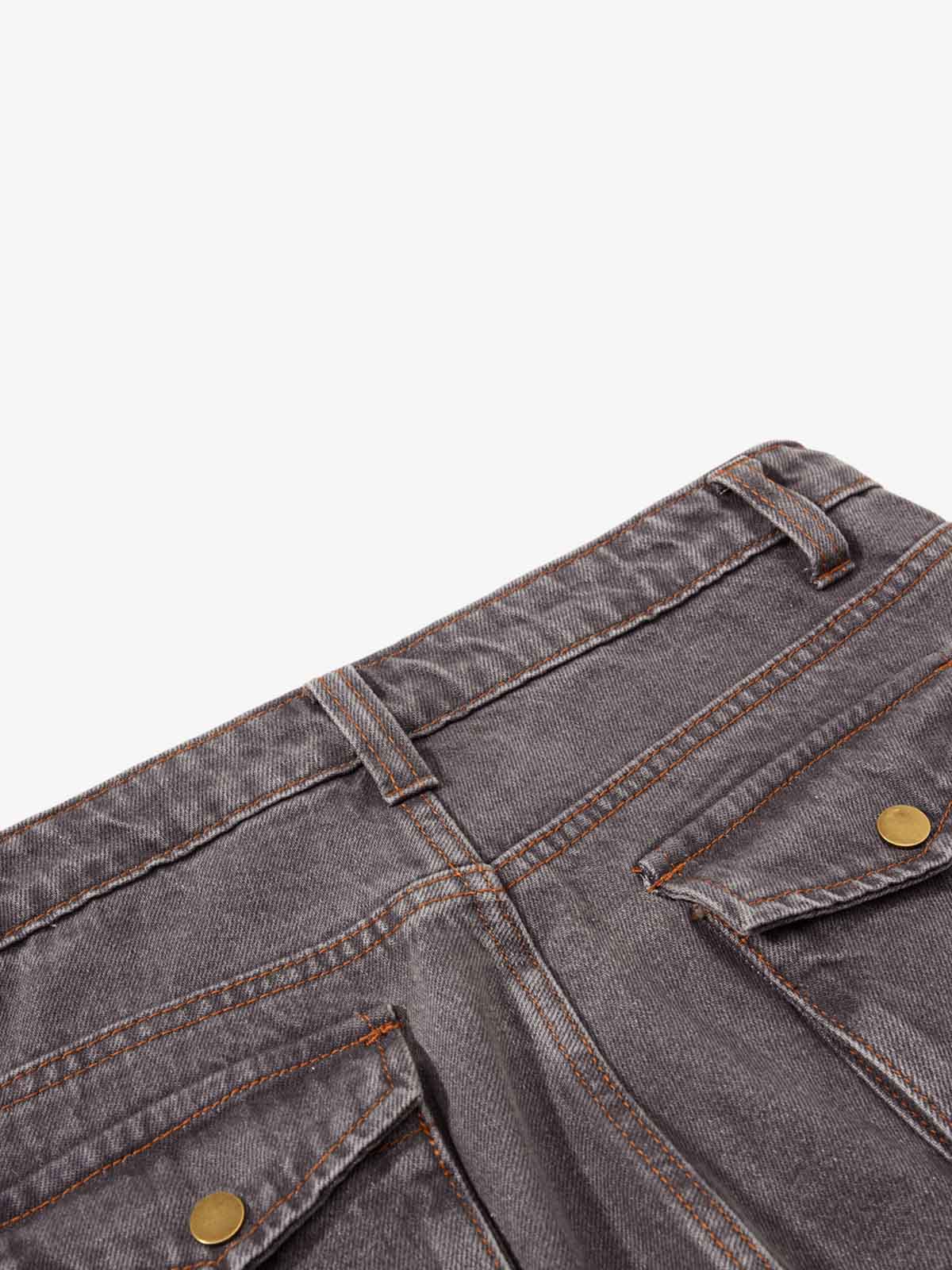 Retro Faded Multi-Pocket Flared Cargo Jeans - Image 4