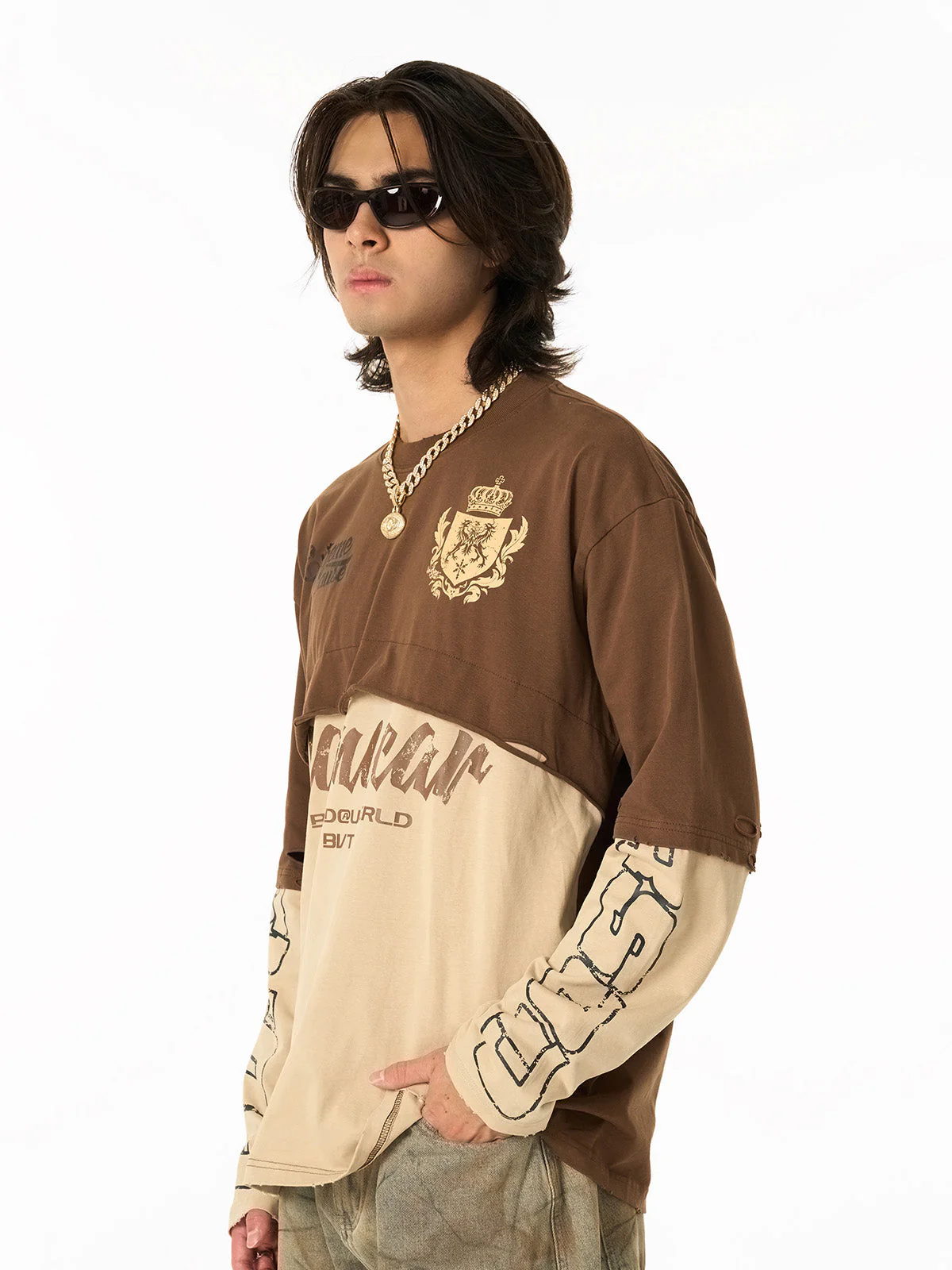 Retro Fake Two-Piece Patchwork College Badge Long Sleeve T-Shirt - Image 2