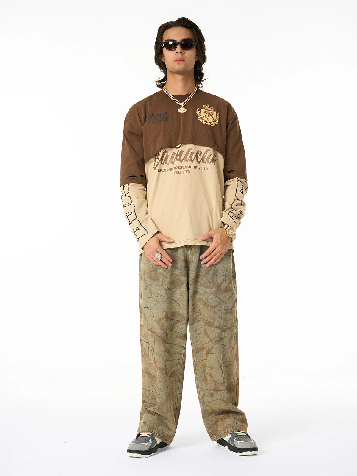 Retro Fake Two-Piece Patchwork College Badge Long Sleeve T-Shirt - Image 4