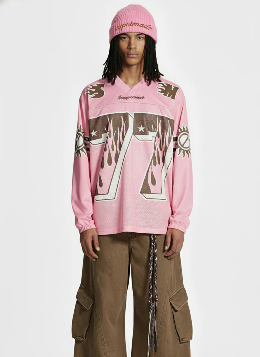 Retro Graphic Flame Number Print Long-Sleeve Jersey T-Shirt