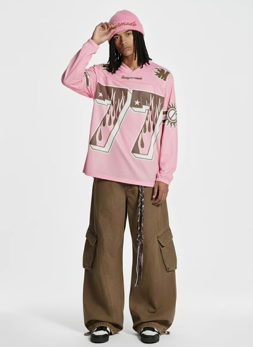Retro Graphic Flame Number Print Long-Sleeve Jersey T-Shirt - Image 3