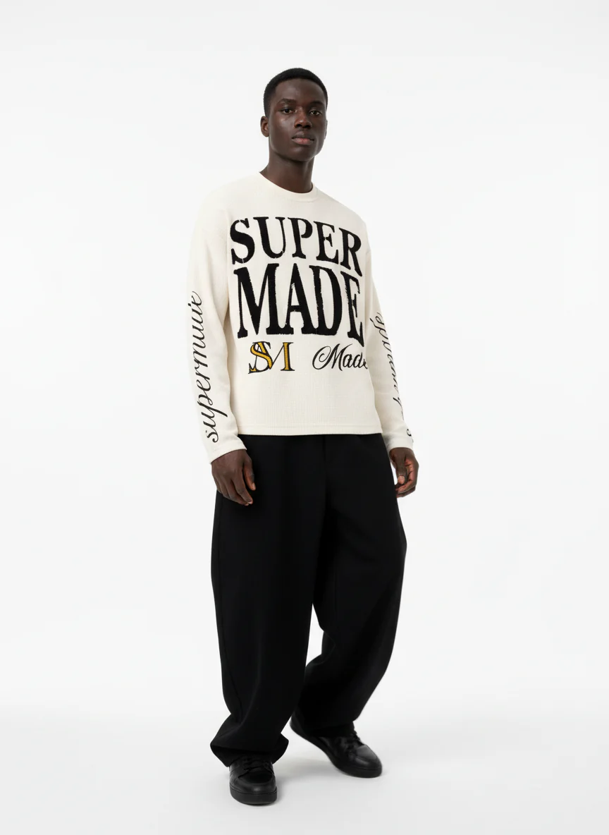 Retro Letter Print Waffle Simplicity Long-Sleeved T-Shirt - Image 4
