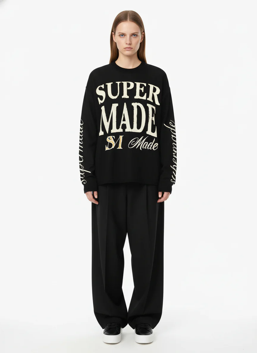 Retro Letter Print Waffle Simplicity Long-Sleeved T-Shirt - Image 6