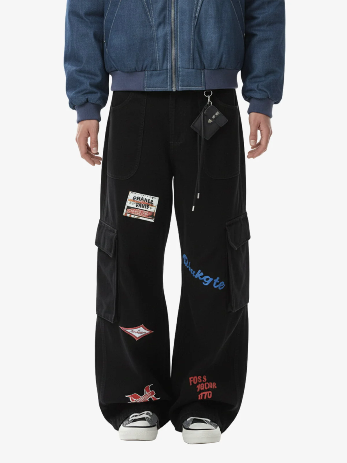 Retro Patchwork Graphic Multi-Pocket Flared Cargo Pants - Image 2