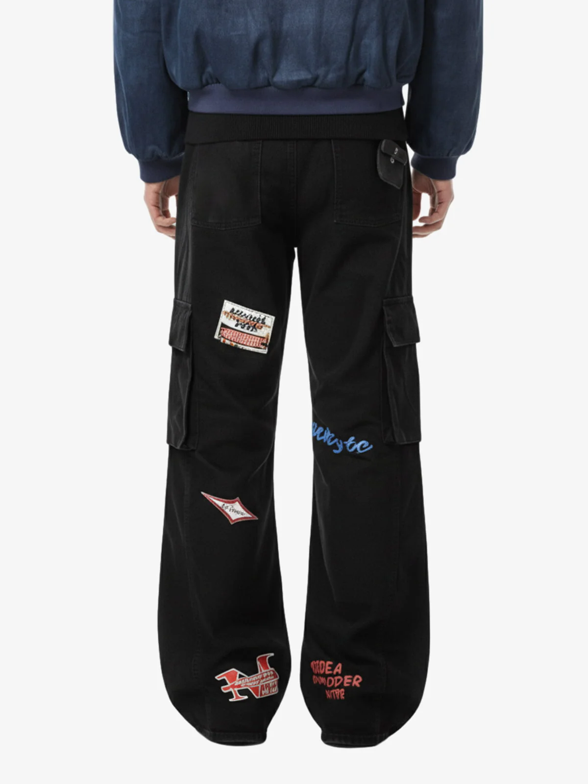 Retro Patchwork Graphic Multi-Pocket Flared Cargo Pants - Image 3