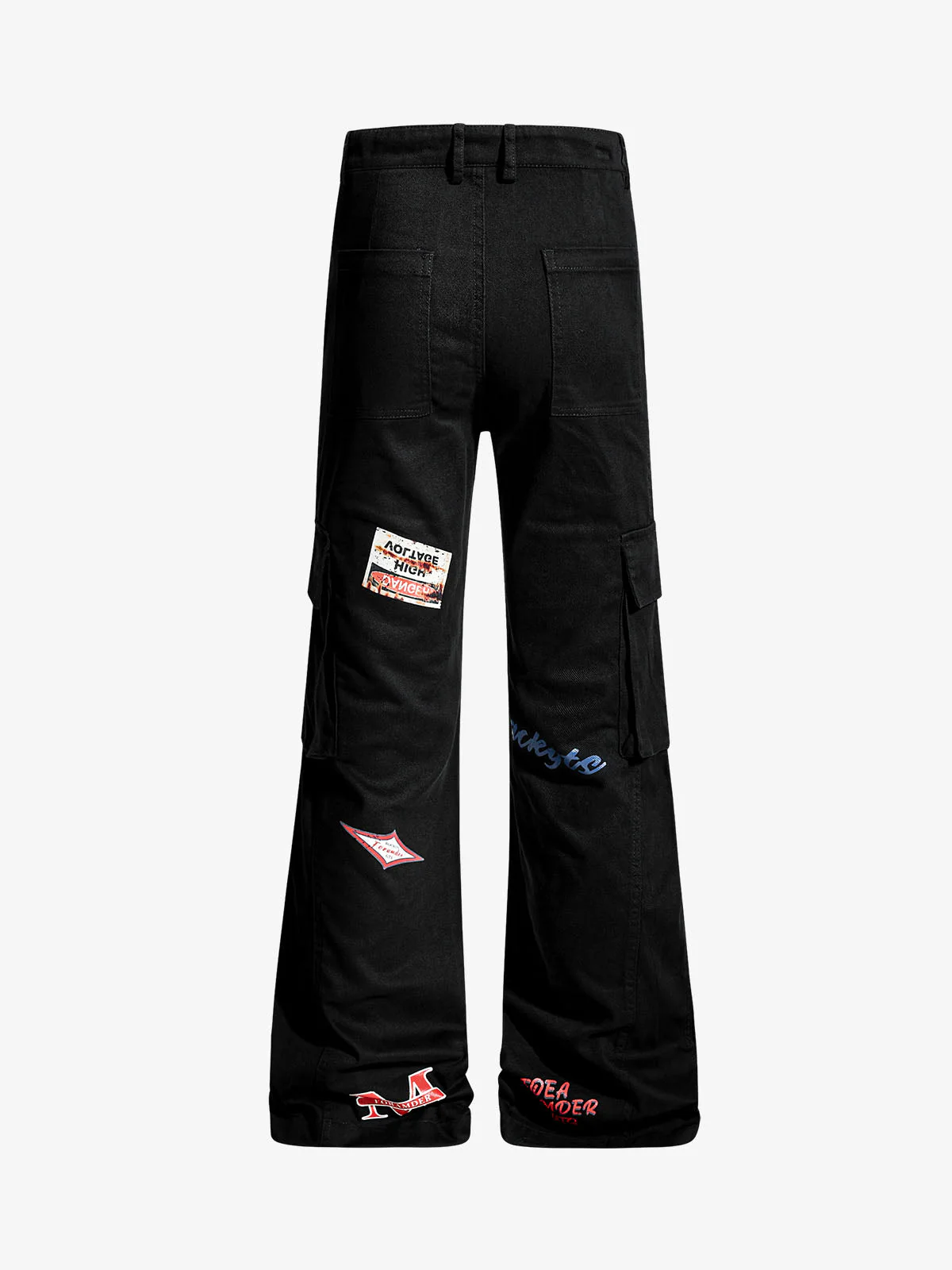 Retro Patchwork Graphic Multi-Pocket Flared Cargo Pants - Image 4