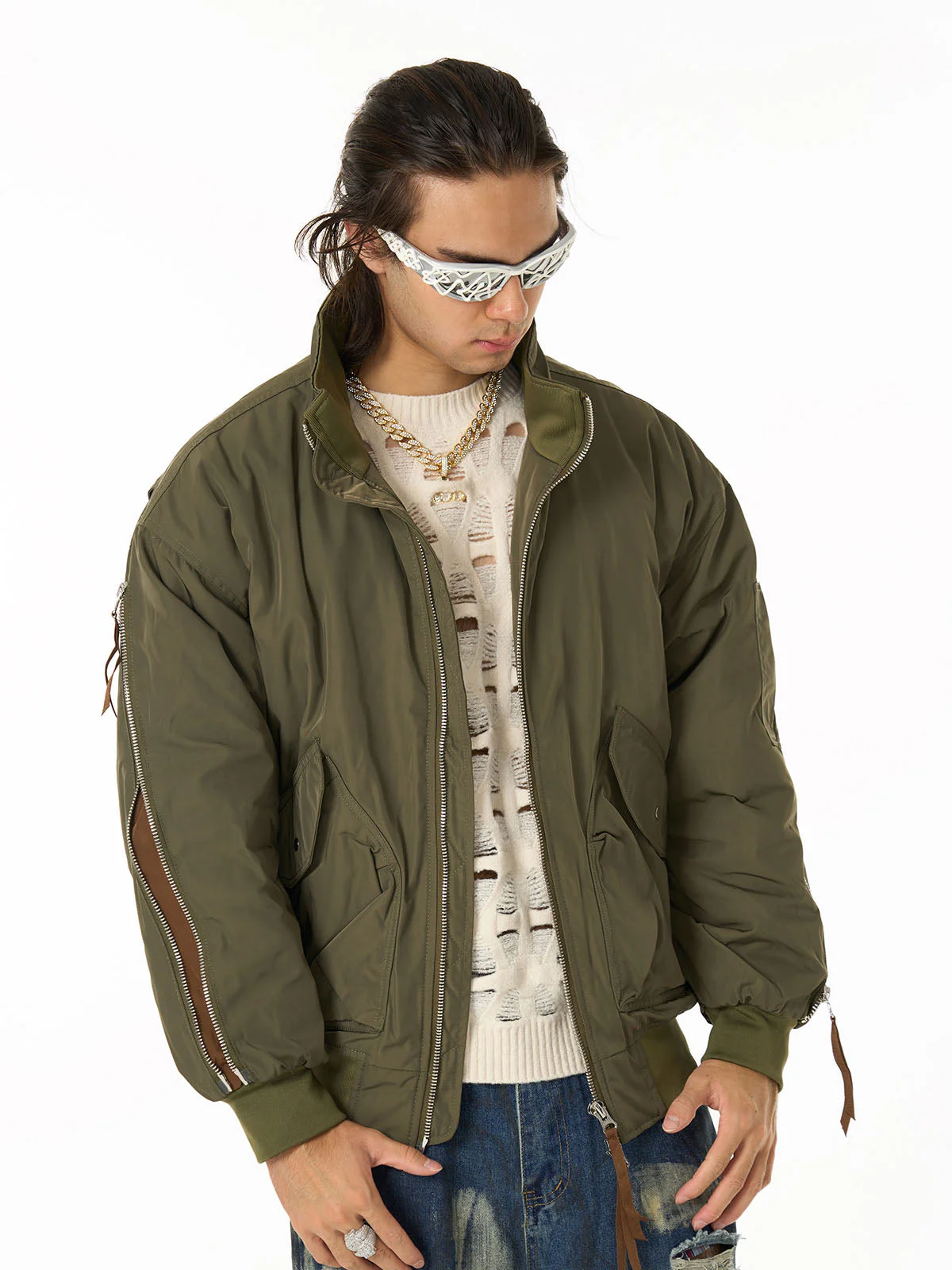 Retro Street Hip-Hop Zipper Design Bomber Jacket - Image 3