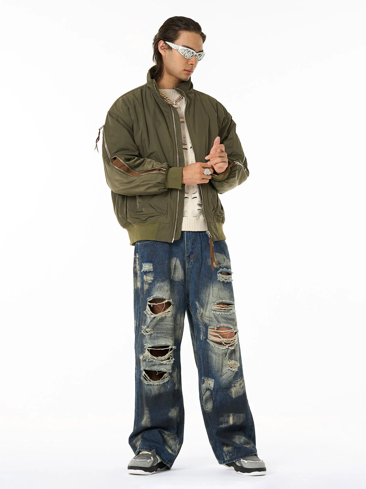 Retro Street Hip-Hop Zipper Design Bomber Jacket - Image 6