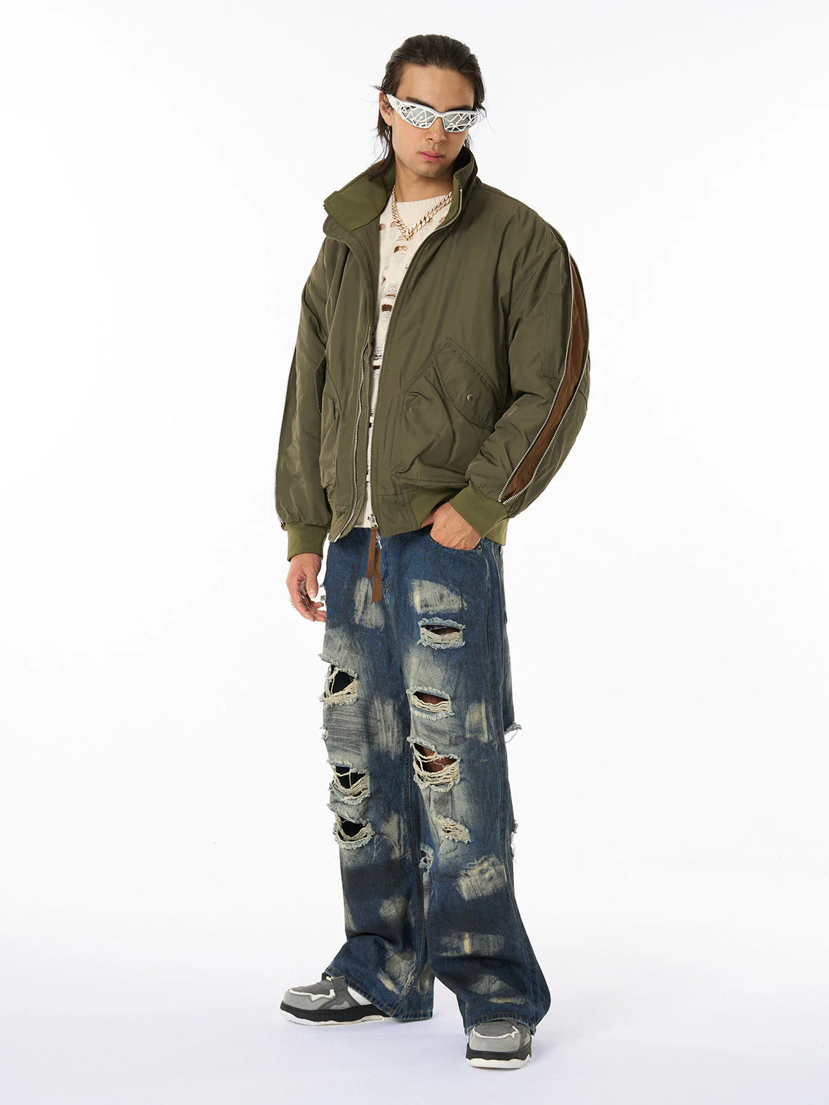 Retro Street Hip-Hop Zipper Design Bomber Jacket - Image 7
