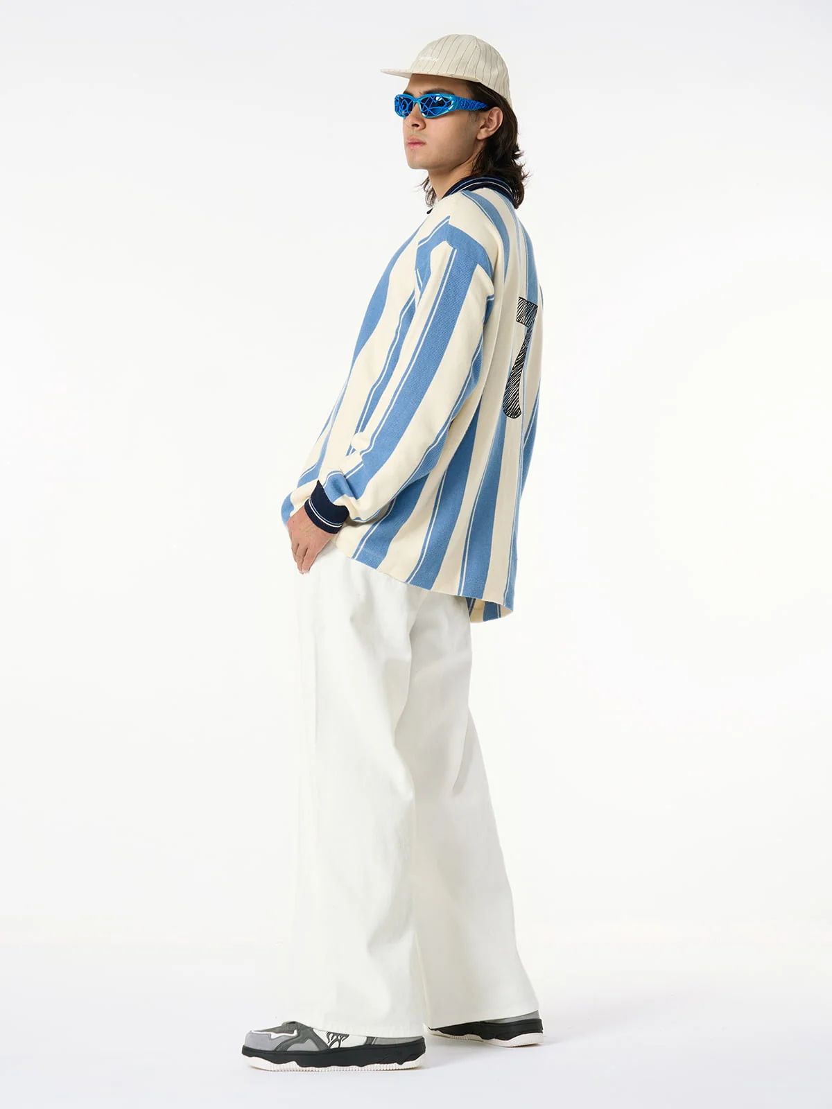 Retro Striped Polo Collar Sports Jersey Knit Sweater - Image 11