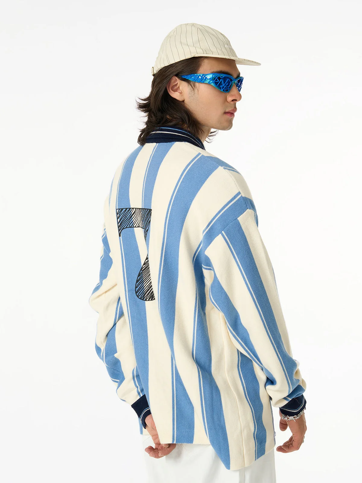 Retro Striped Polo Collar Sports Jersey Knit Sweater - Image 7
