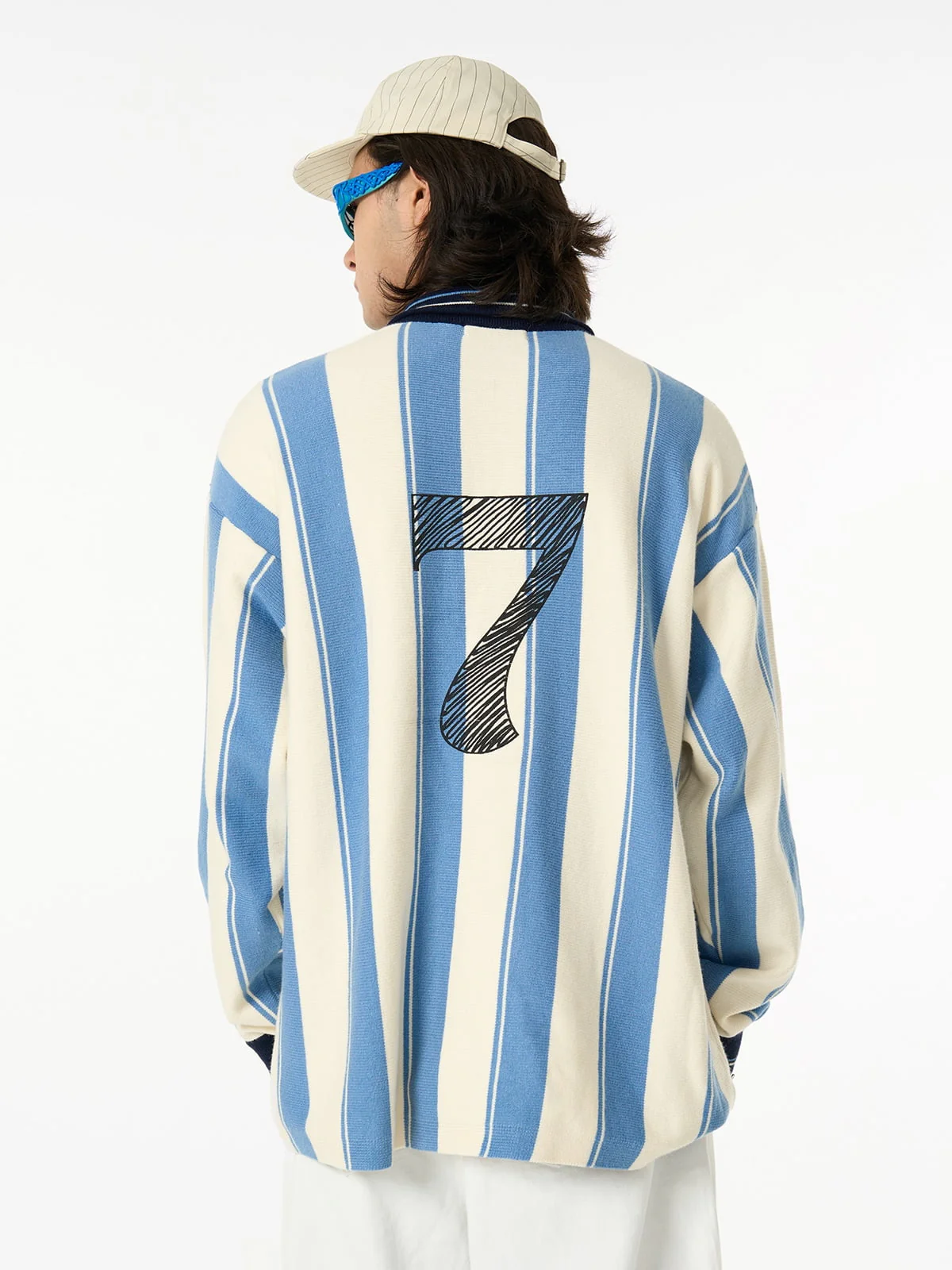 Retro Striped Polo Collar Sports Jersey Knit Sweater - Image 8