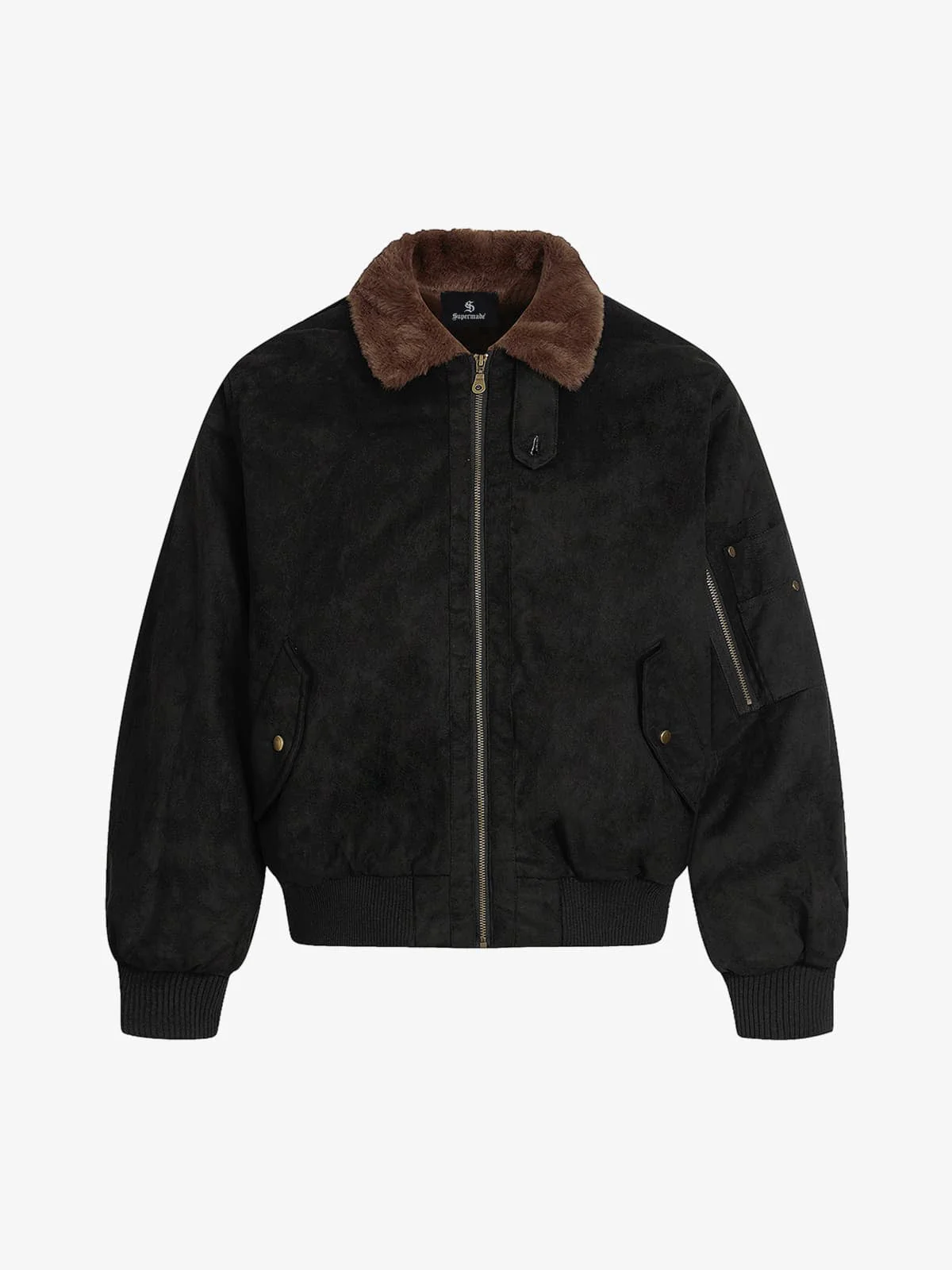 Retro Suede Faux Fur Collar Fleece Lined Bomber Jacket - Image 2