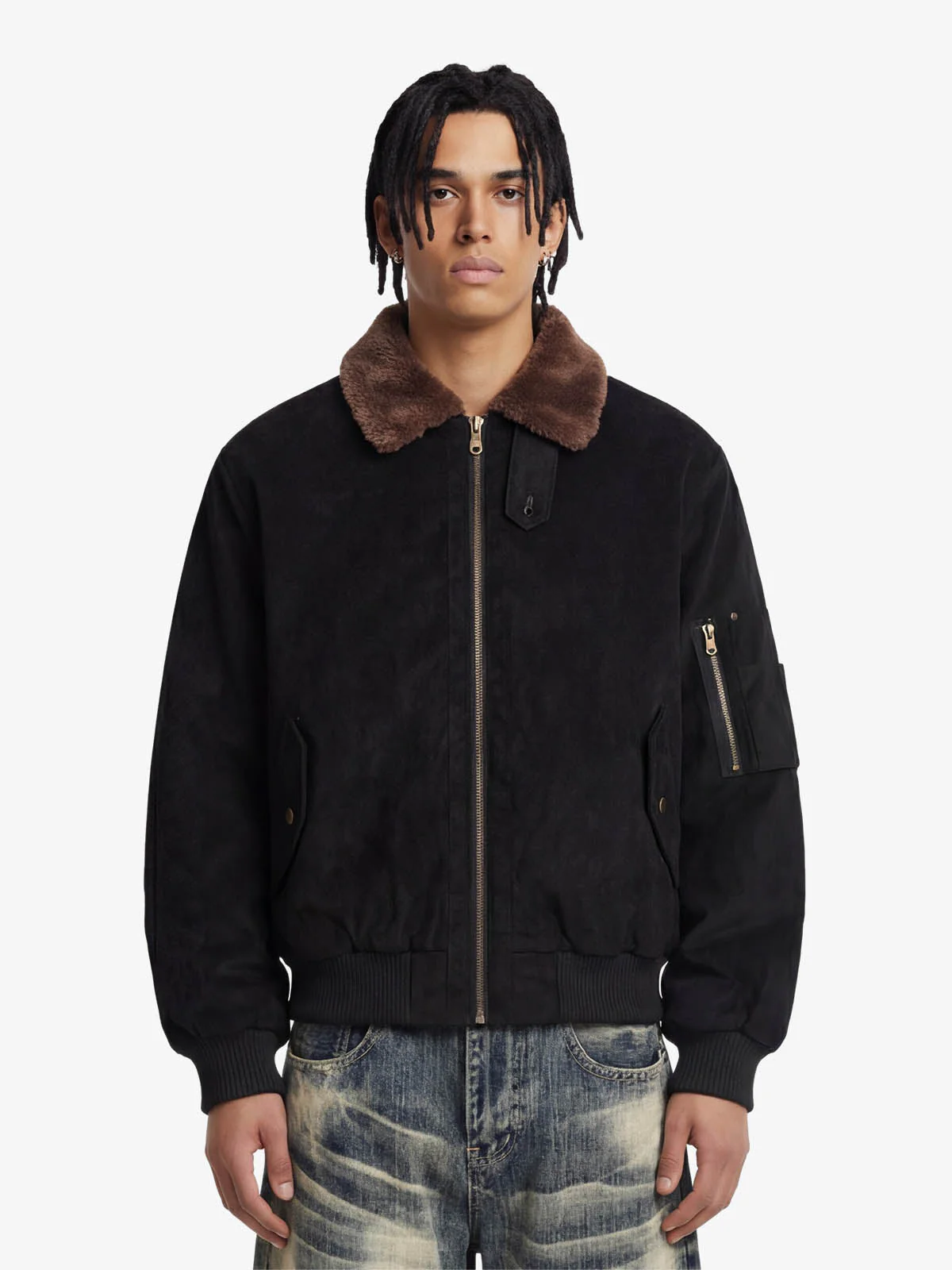 Retro Suede Faux Fur Collar Fleece Lined Bomber Jacket - Image 3
