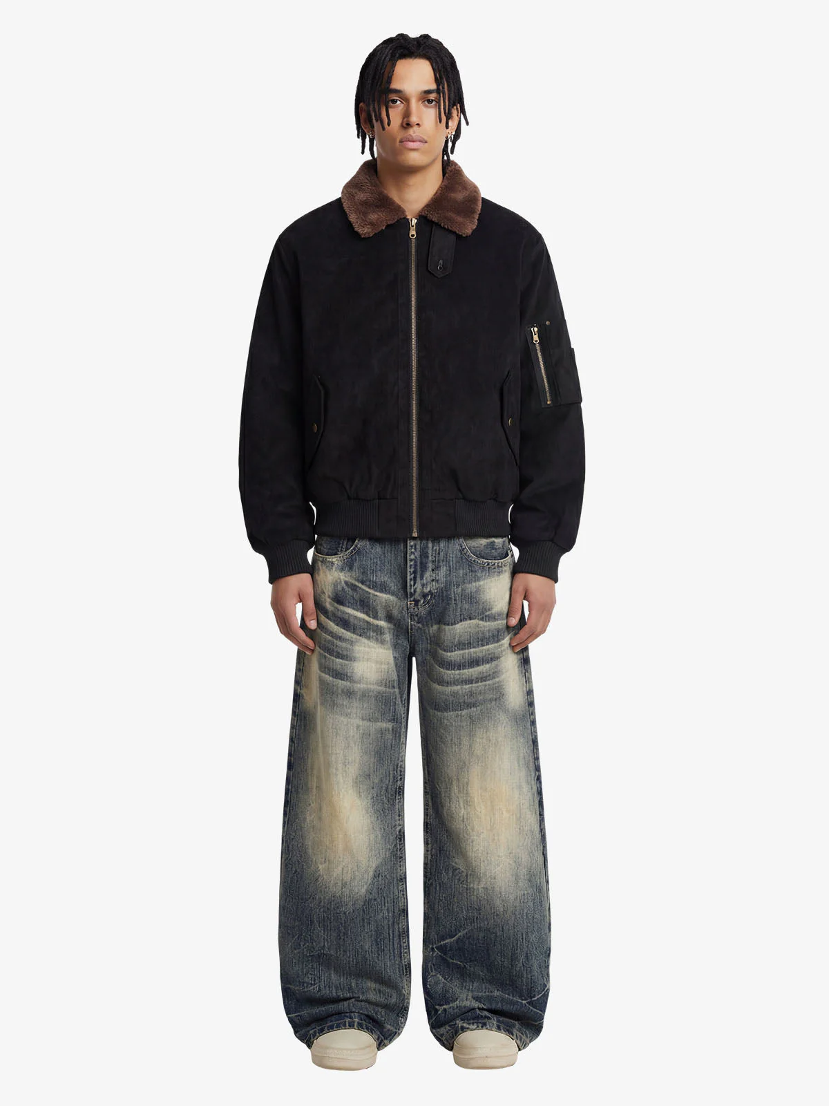 Retro Suede Faux Fur Collar Fleece Lined Bomber Jacket - Image 6