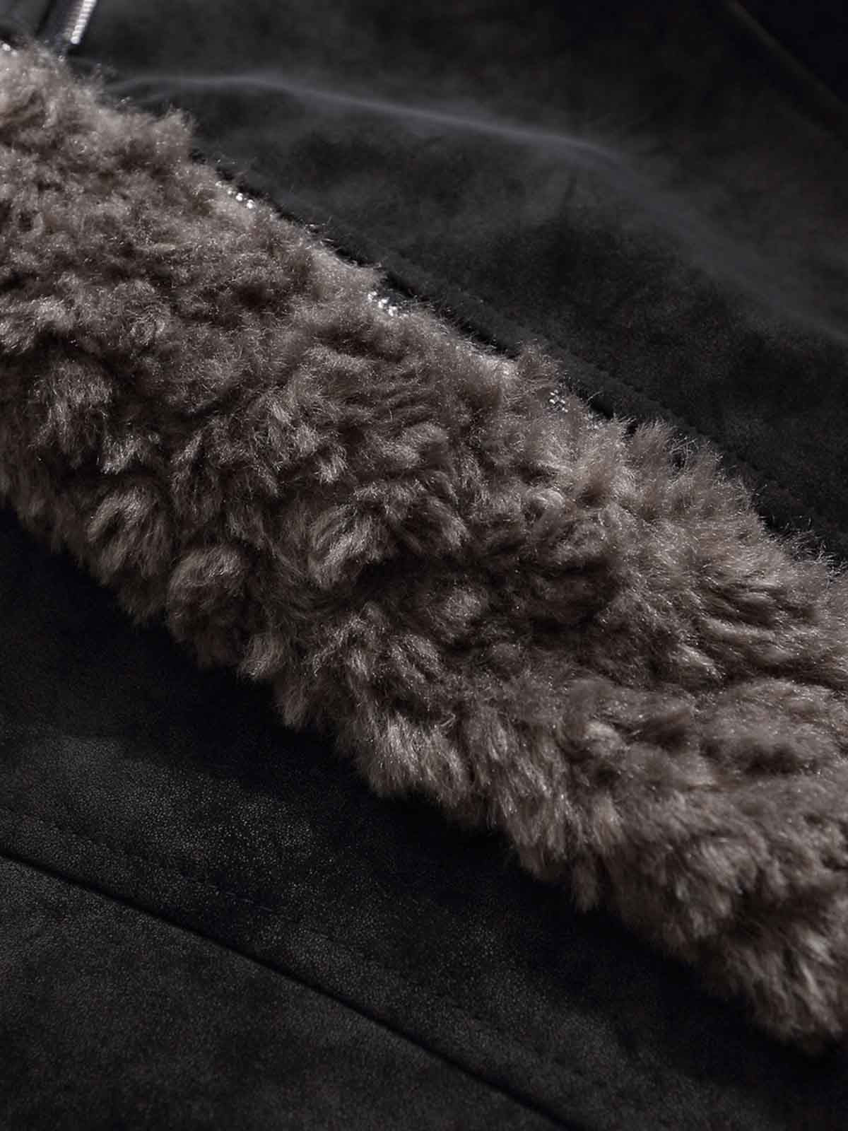 Retro Suede Texture Shearling Collar Fleece Bomber Jacket - Image 11