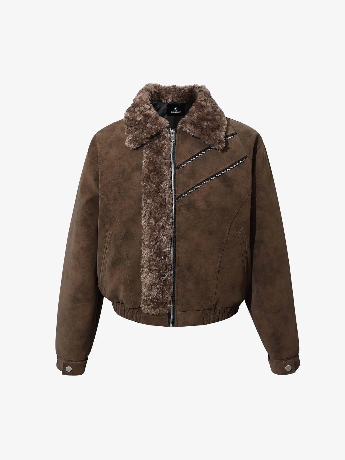 Retro Suede Texture Shearling Collar Fleece Bomber Jacket - Image 2