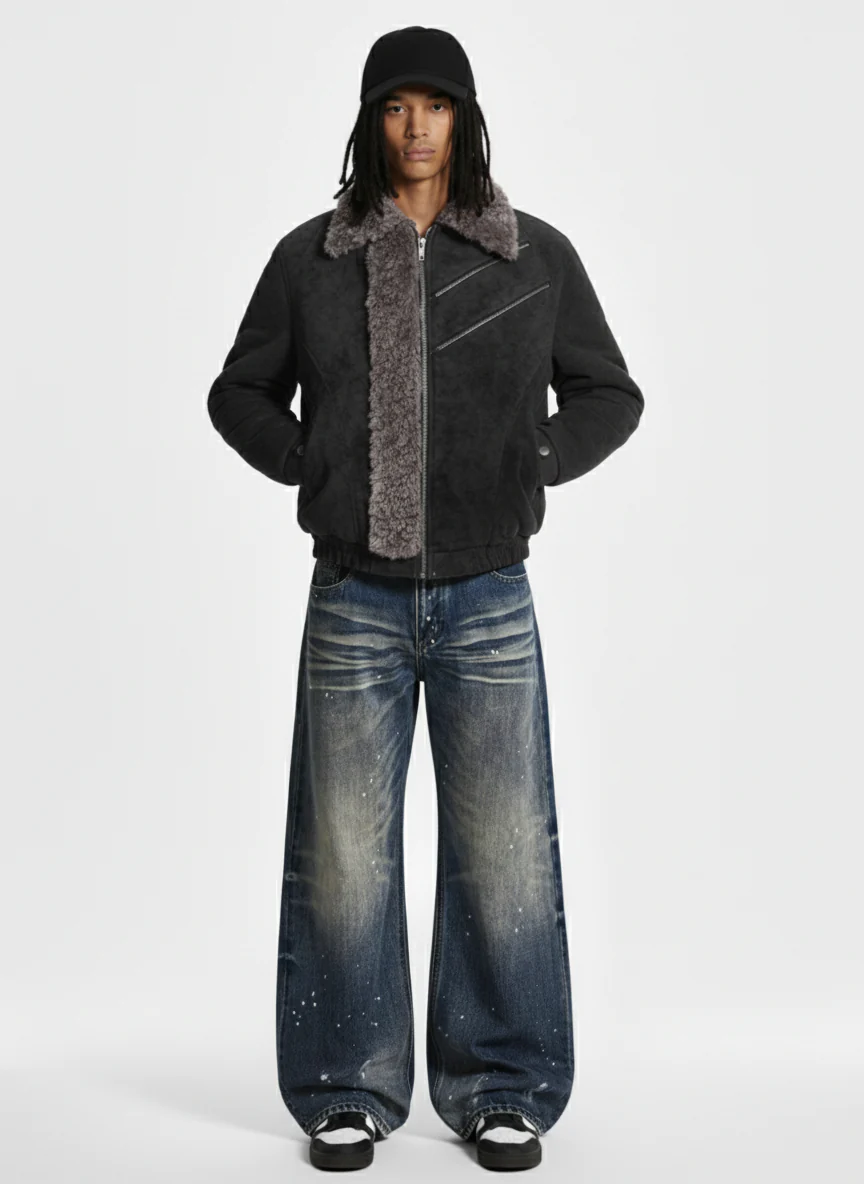 Retro Suede Texture Shearling Collar Fleece Bomber Jacket - Image 3