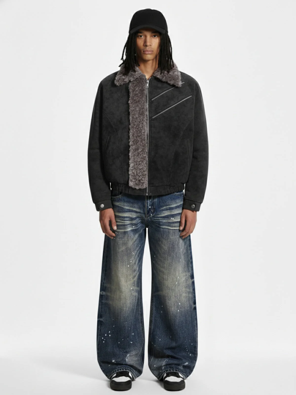 Retro Suede Texture Shearling Collar Fleece Bomber Jacket - Image 4