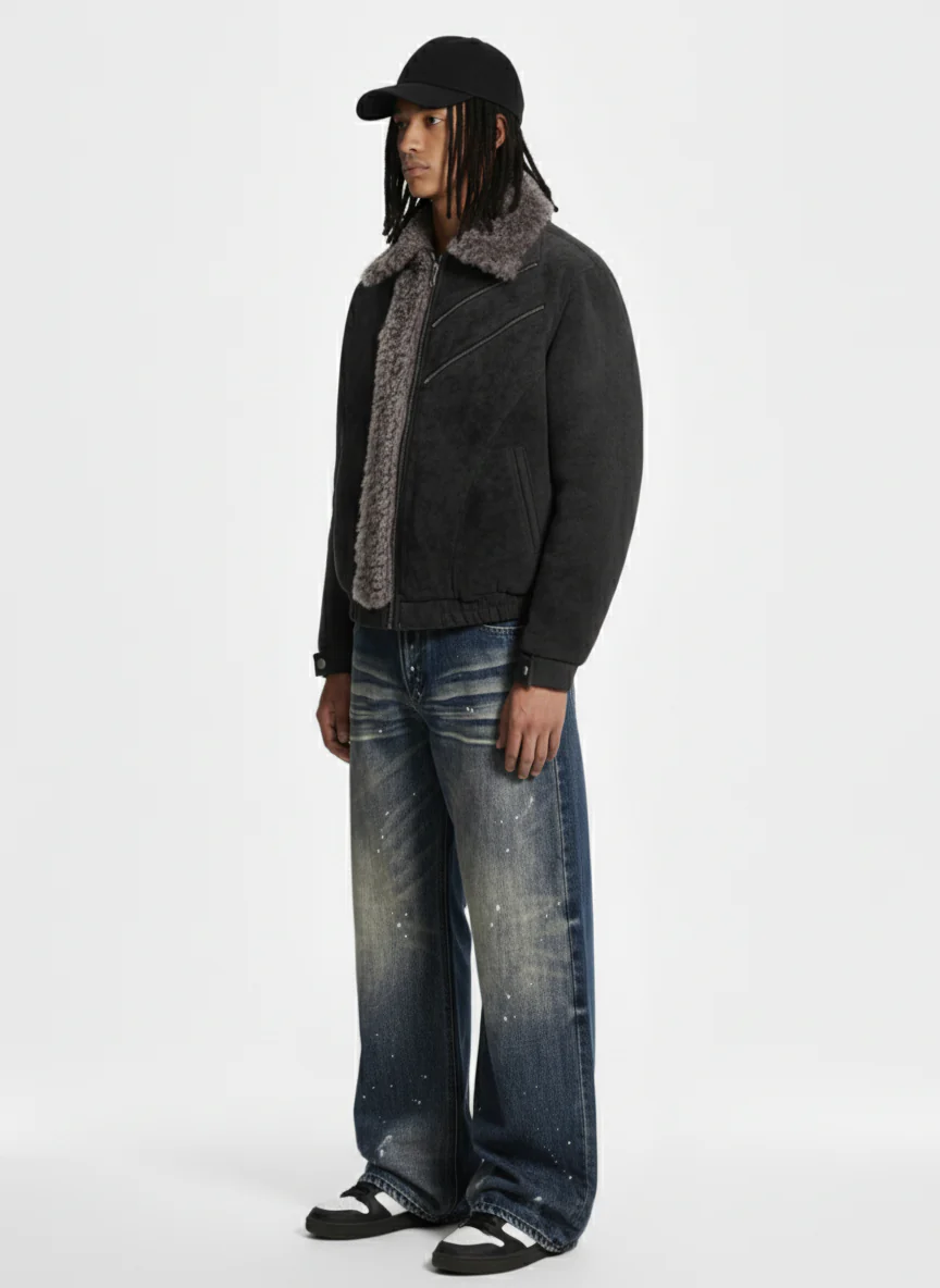 Retro Suede Texture Shearling Collar Fleece Bomber Jacket - Image 5