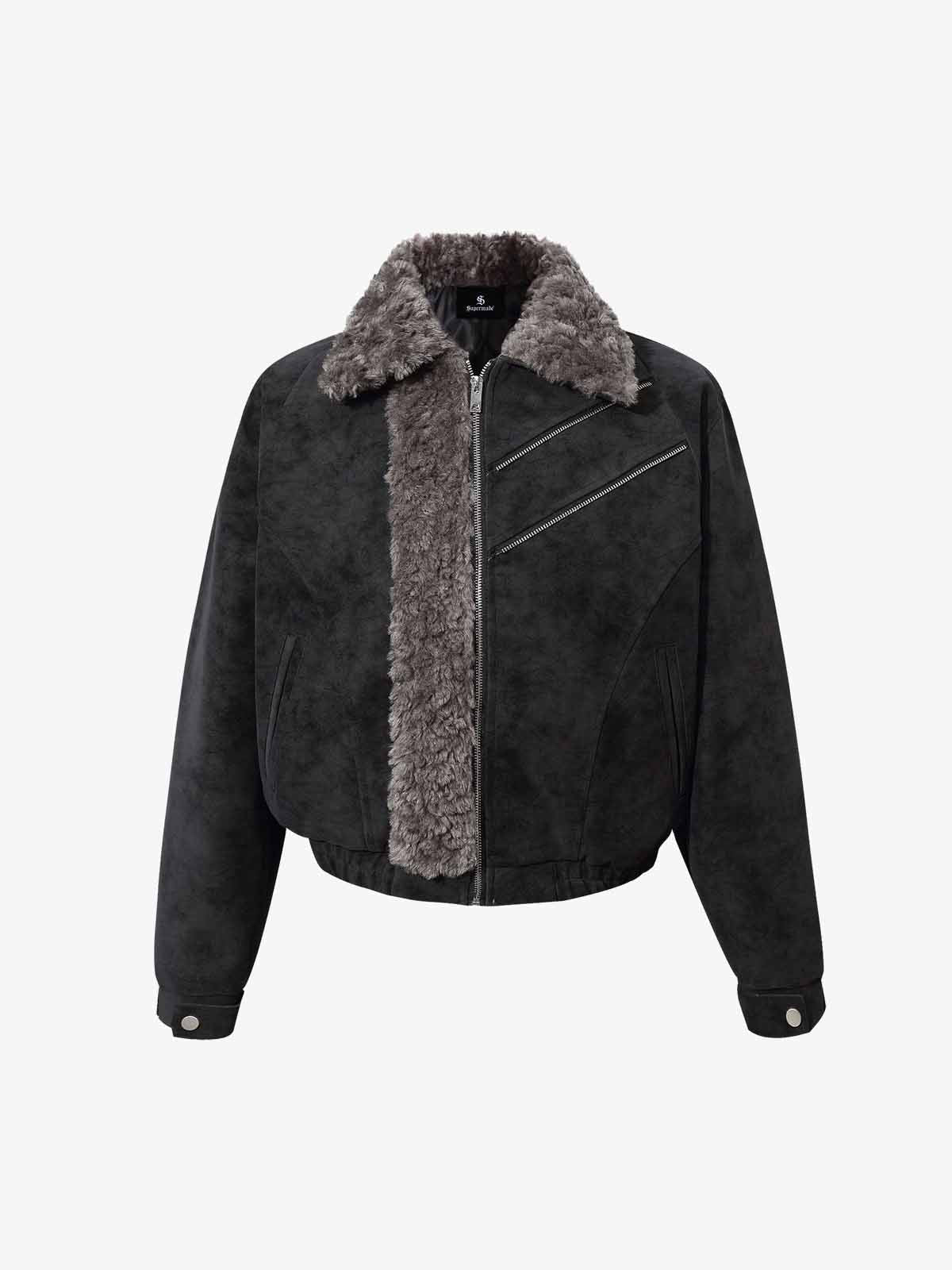 Retro Suede Texture Shearling Collar Fleece Bomber Jacket - Image 6