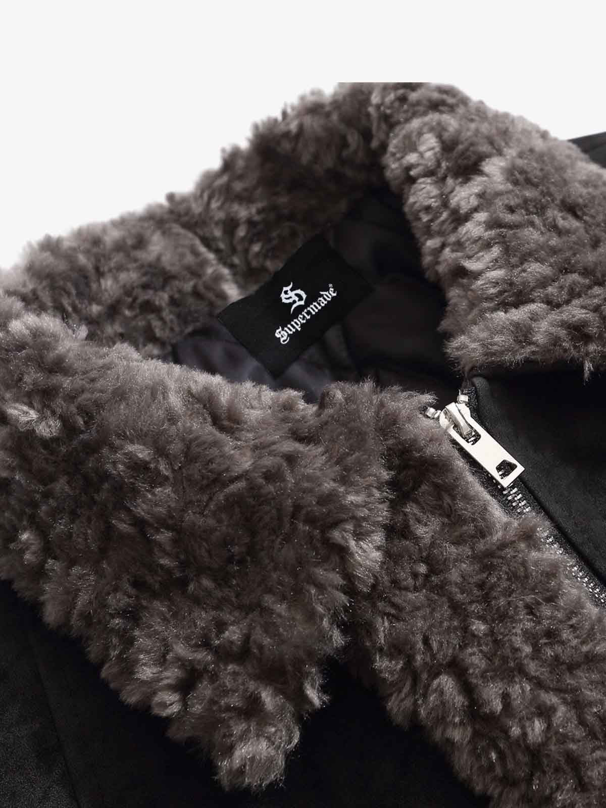 Retro Suede Texture Shearling Collar Fleece Bomber Jacket - Image 9
