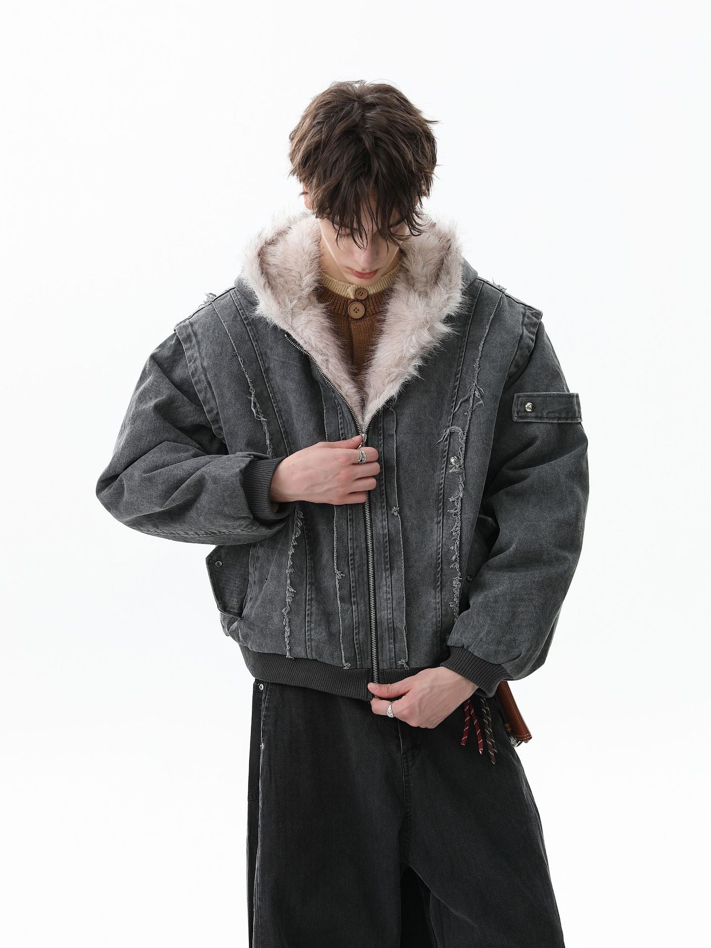 Retro Washed Fleece-lined Hooded Work Jacket - Image 9