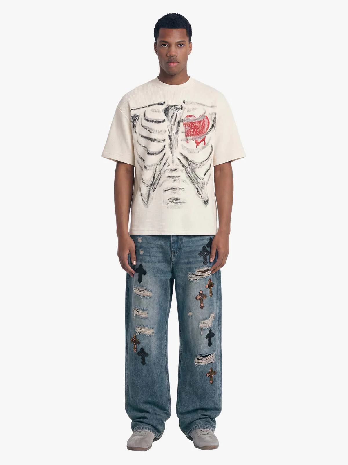 Skeleton & Melted Heart Graphic Waffle Knit T-Shirt - Image 6