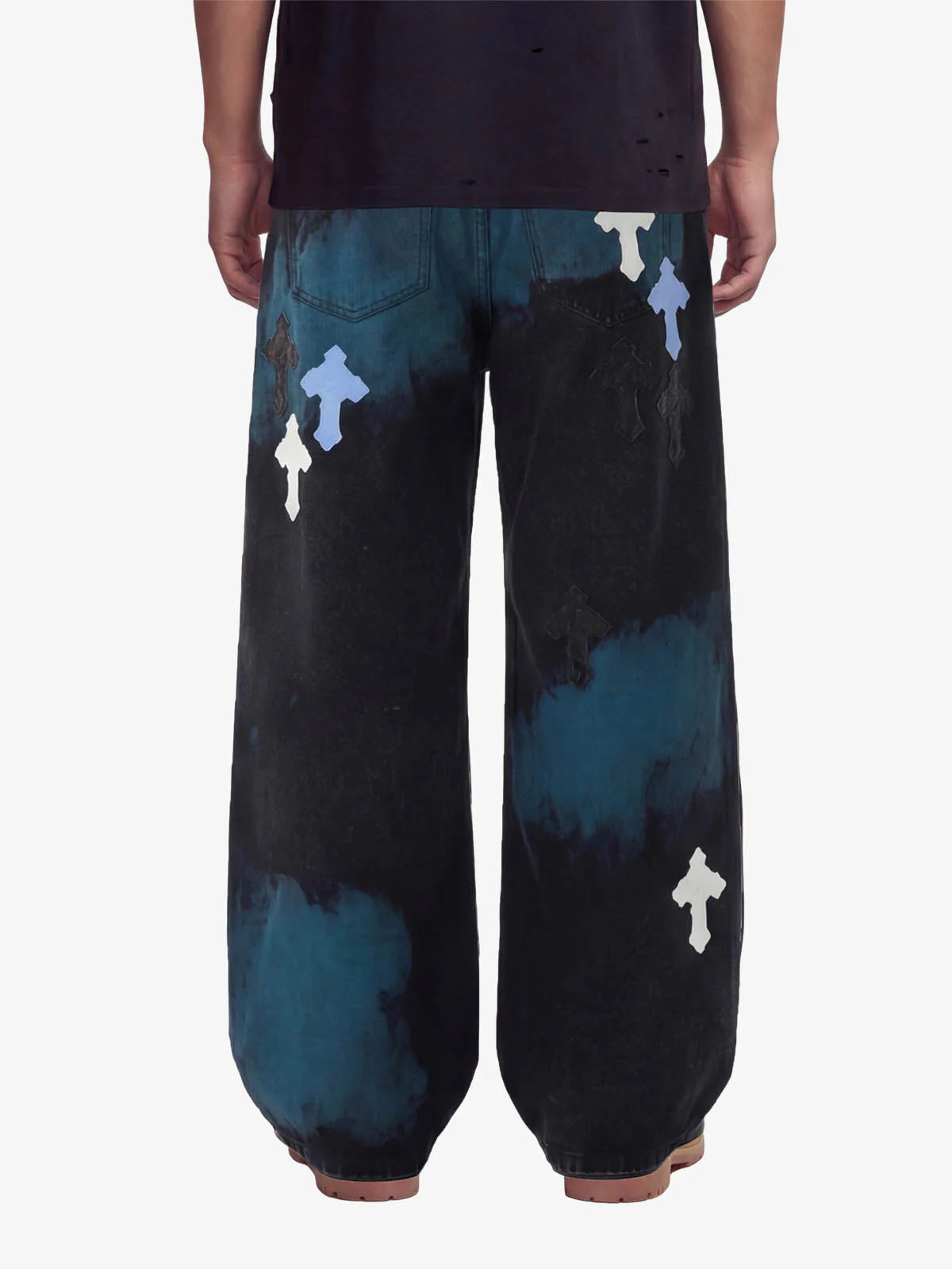 Smoke Fade Wash Cross Patch Baggy Denim Jeans - Image 3