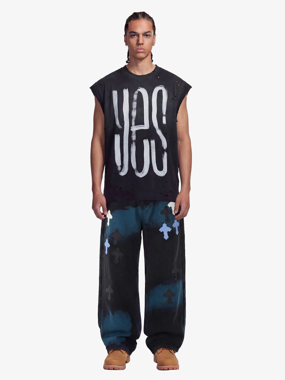 Smoke Fade Wash Cross Patch Baggy Denim Jeans - Image 4