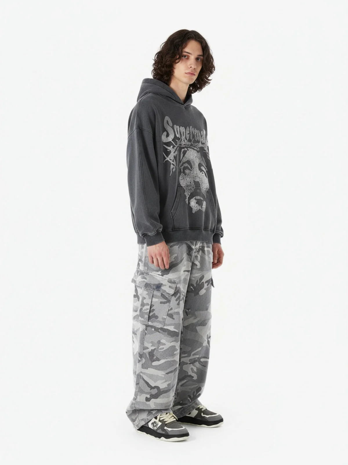 Snow Camouflage Machete Wide-Leg Cargo Barrel Pants - 2548 - Image 4