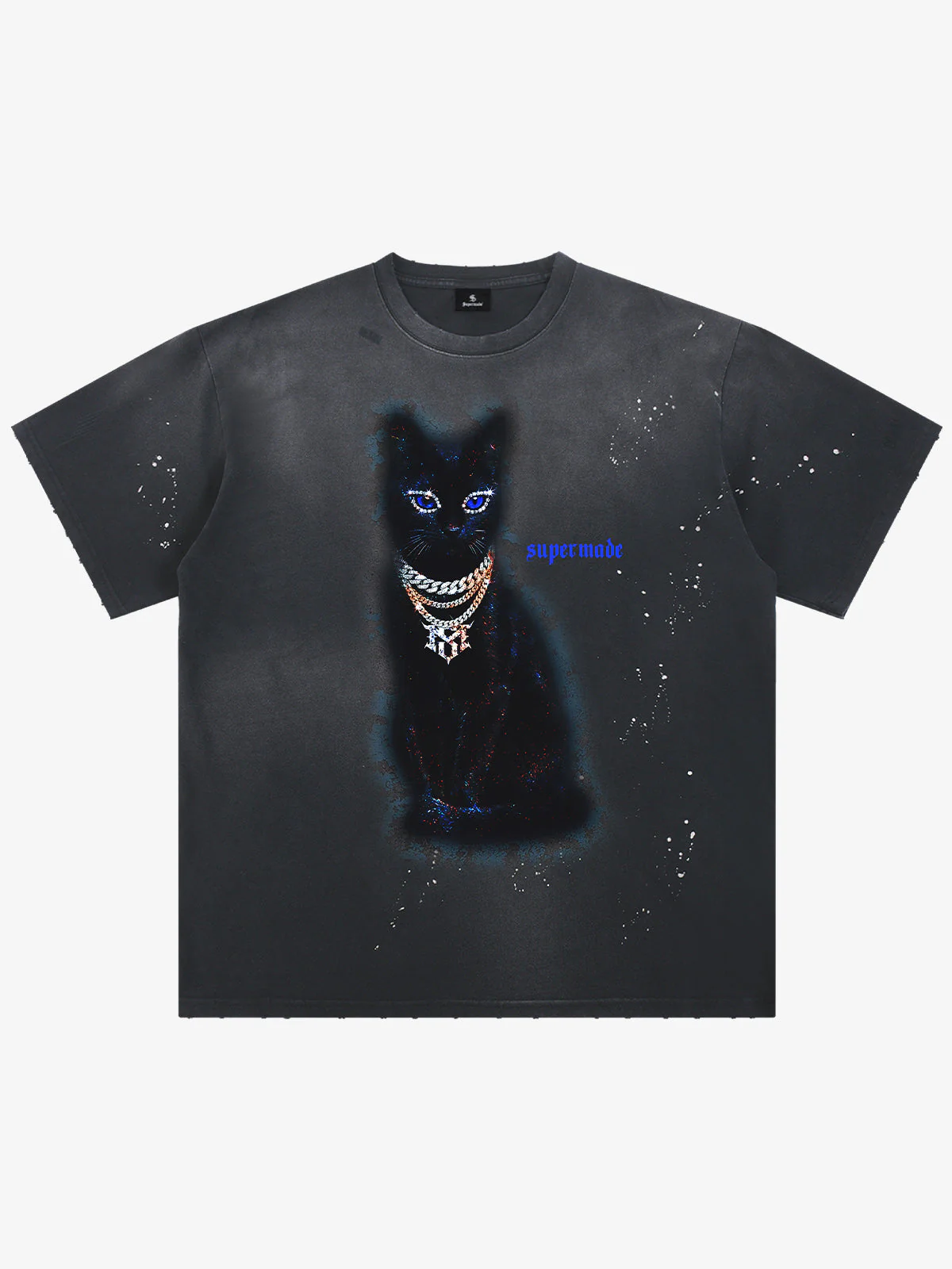 Splatter Design Chain Black Cat Graphic T-Shirt - Image 2