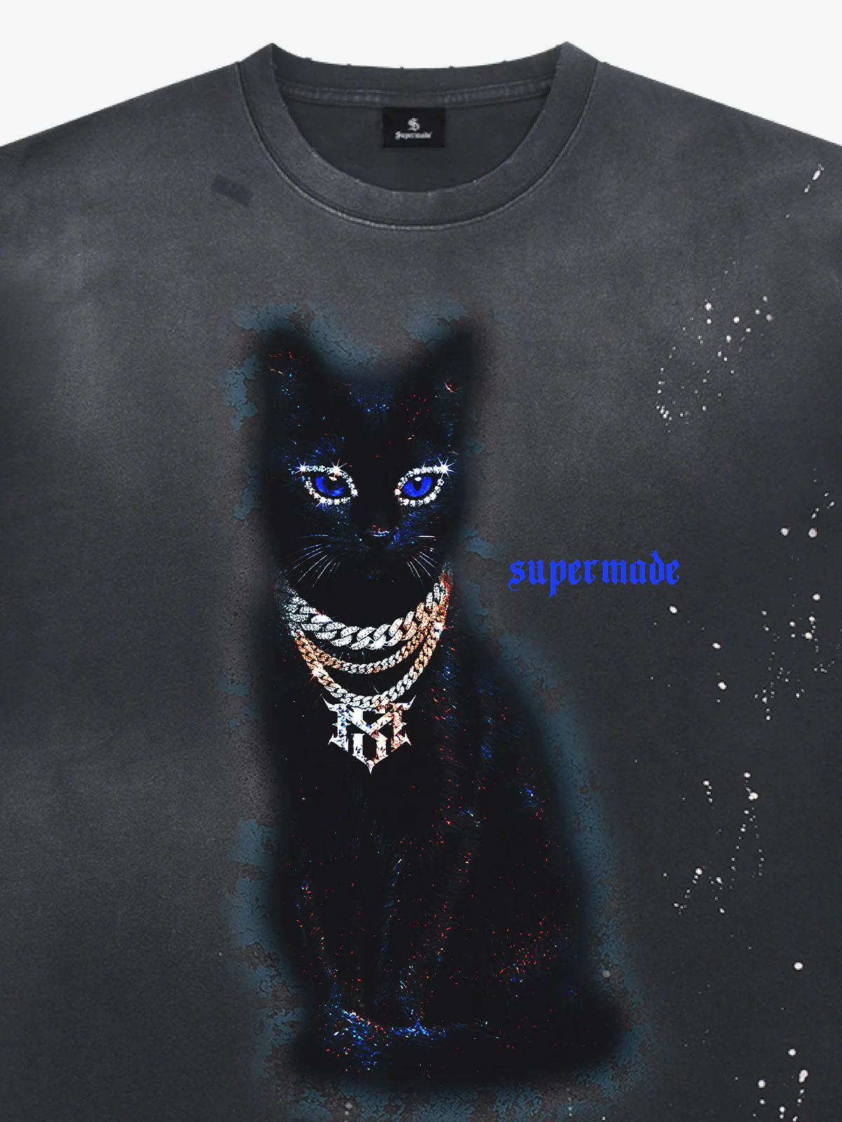 Splatter Design Chain Black Cat Graphic T-Shirt - Image 9