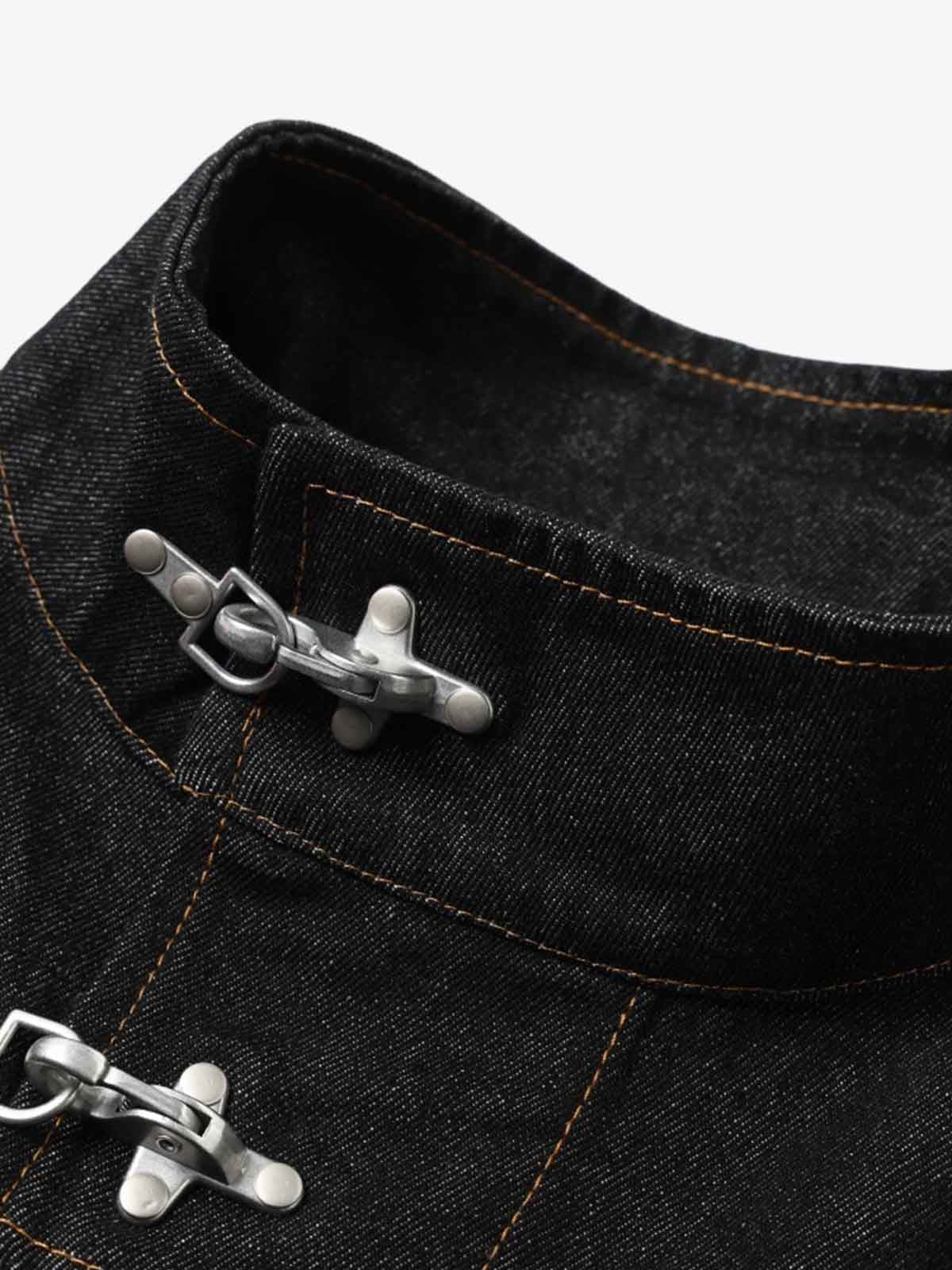 Stand Collar Clasp Detail Denim Jacket - Image 9