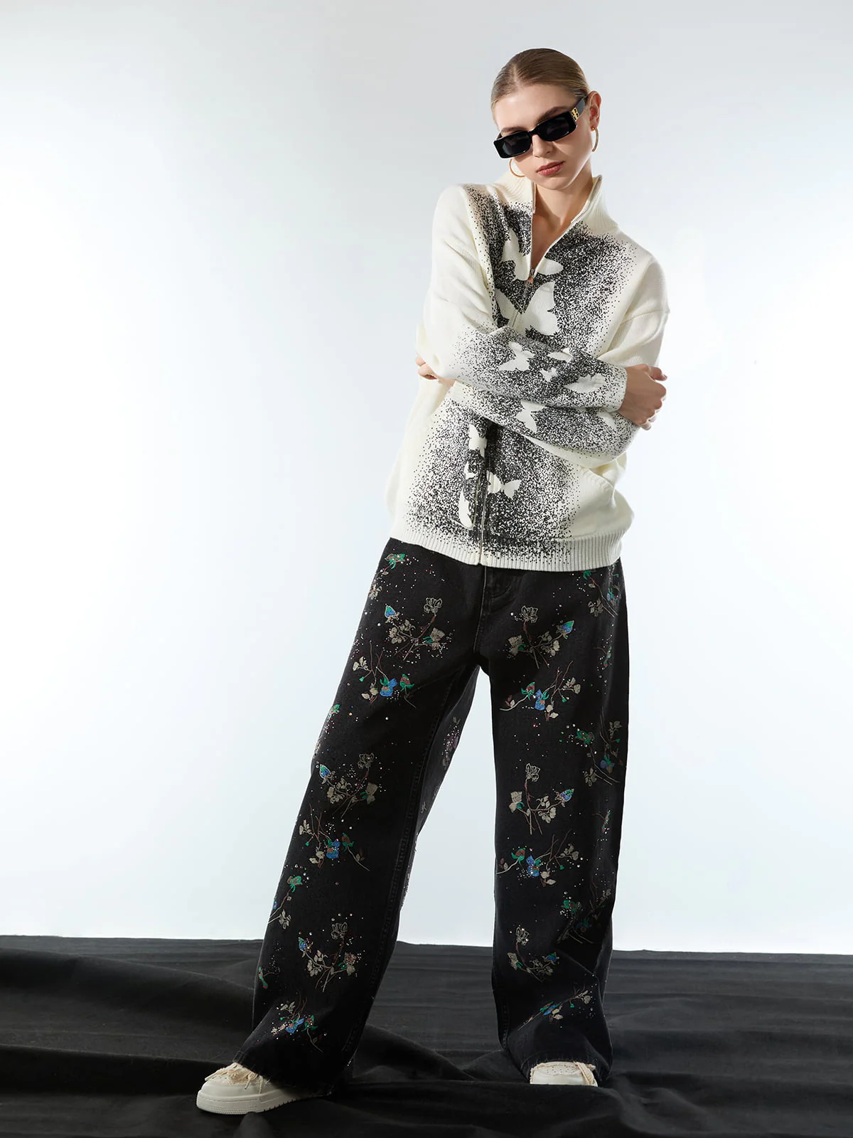 Street Dark Phantom Butterfly Stand-Collar Knit Cardigan Sweater - Image 6