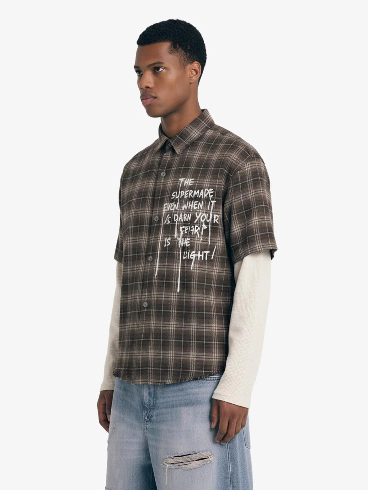 Cotton Street Distressed Plaid Faux Two-Piece Shirt - Image 3