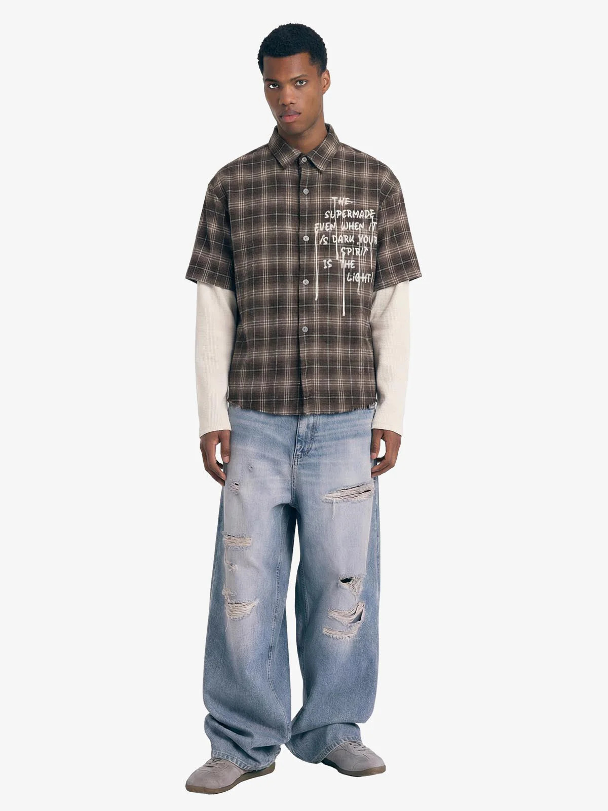 Cotton Street Distressed Plaid Faux Two-Piece Shirt - Image 4