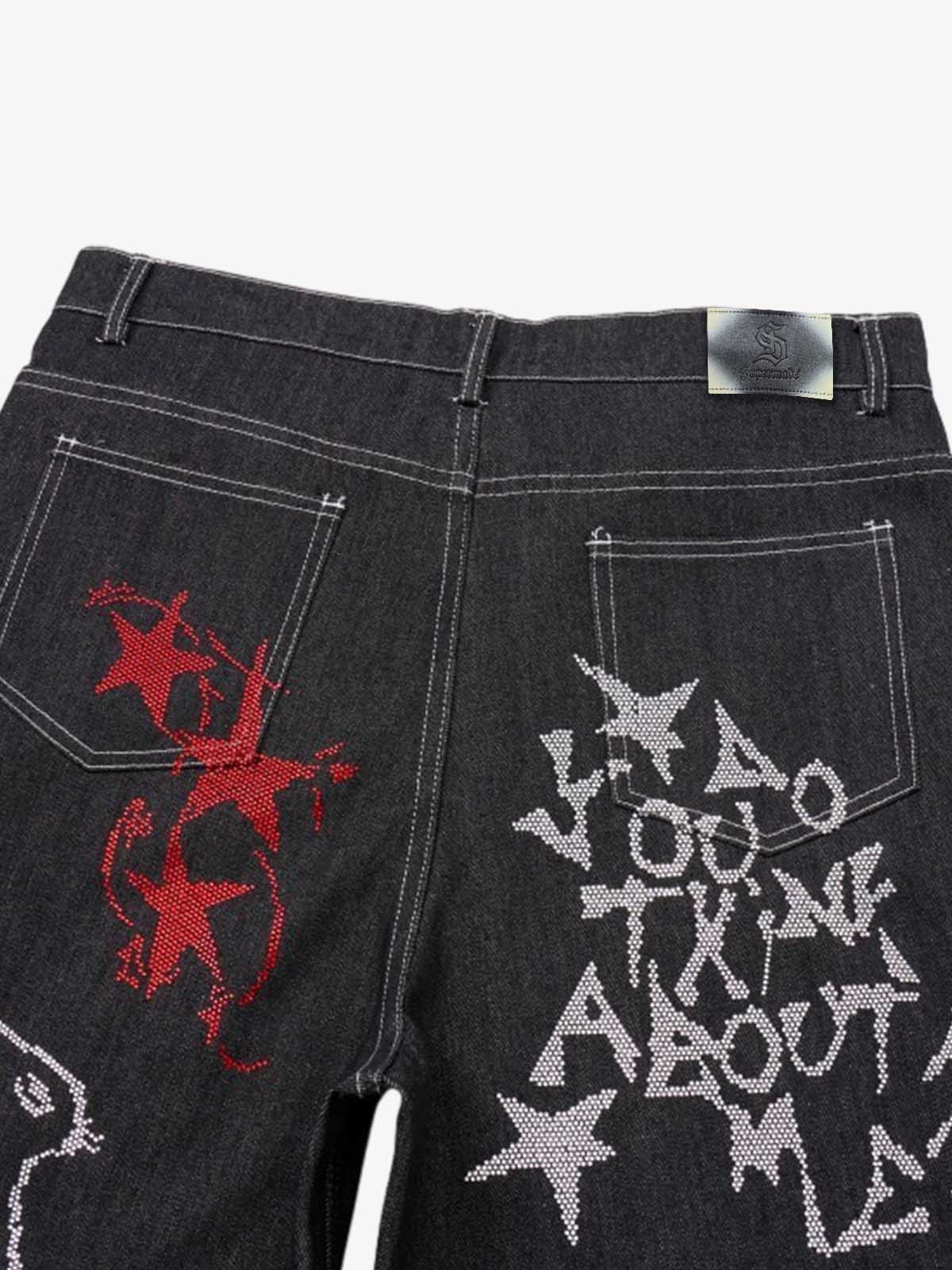 Street Graffiti Rhinestone Print Wide Leg Jeans - Image 6
