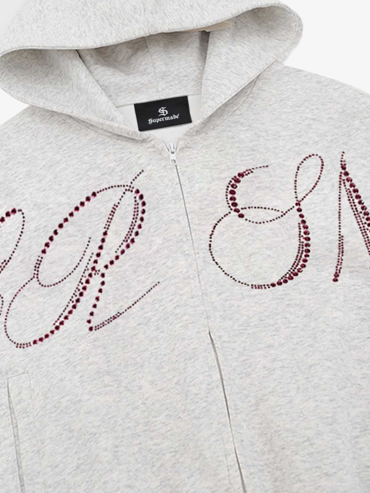 Street Hip-Hop Rhinestone Cropped Zip Up Hoodie - Image 12