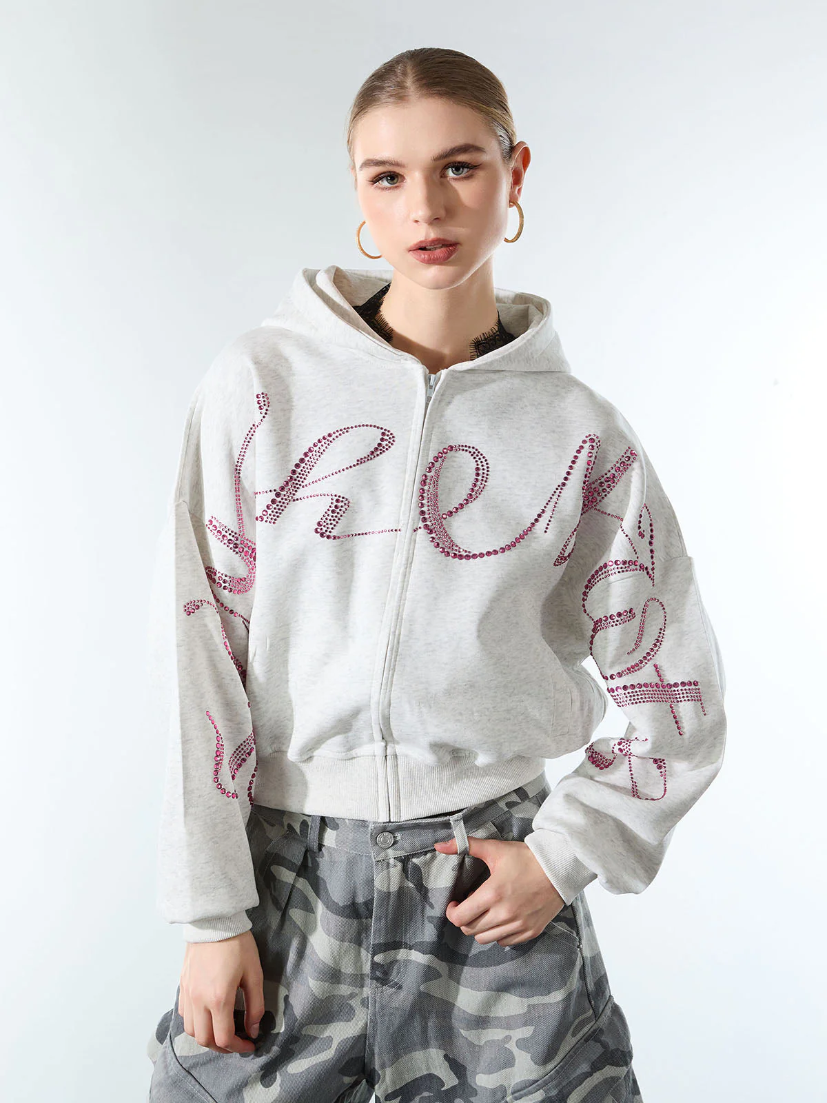 Street Hip-Hop Rhinestone Cropped Zip Up Hoodie - Image 3