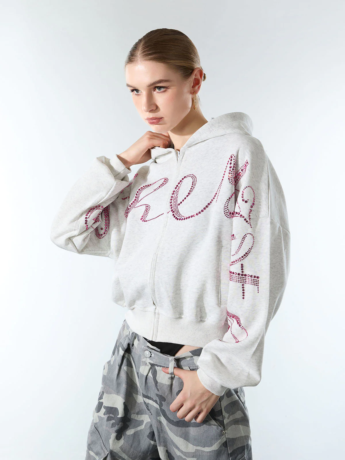 Street Hip-Hop Rhinestone Cropped Zip Up Hoodie - Image 4