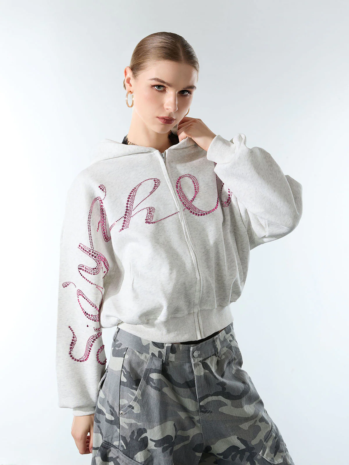 Street Hip-Hop Rhinestone Cropped Zip Up Hoodie - Image 5