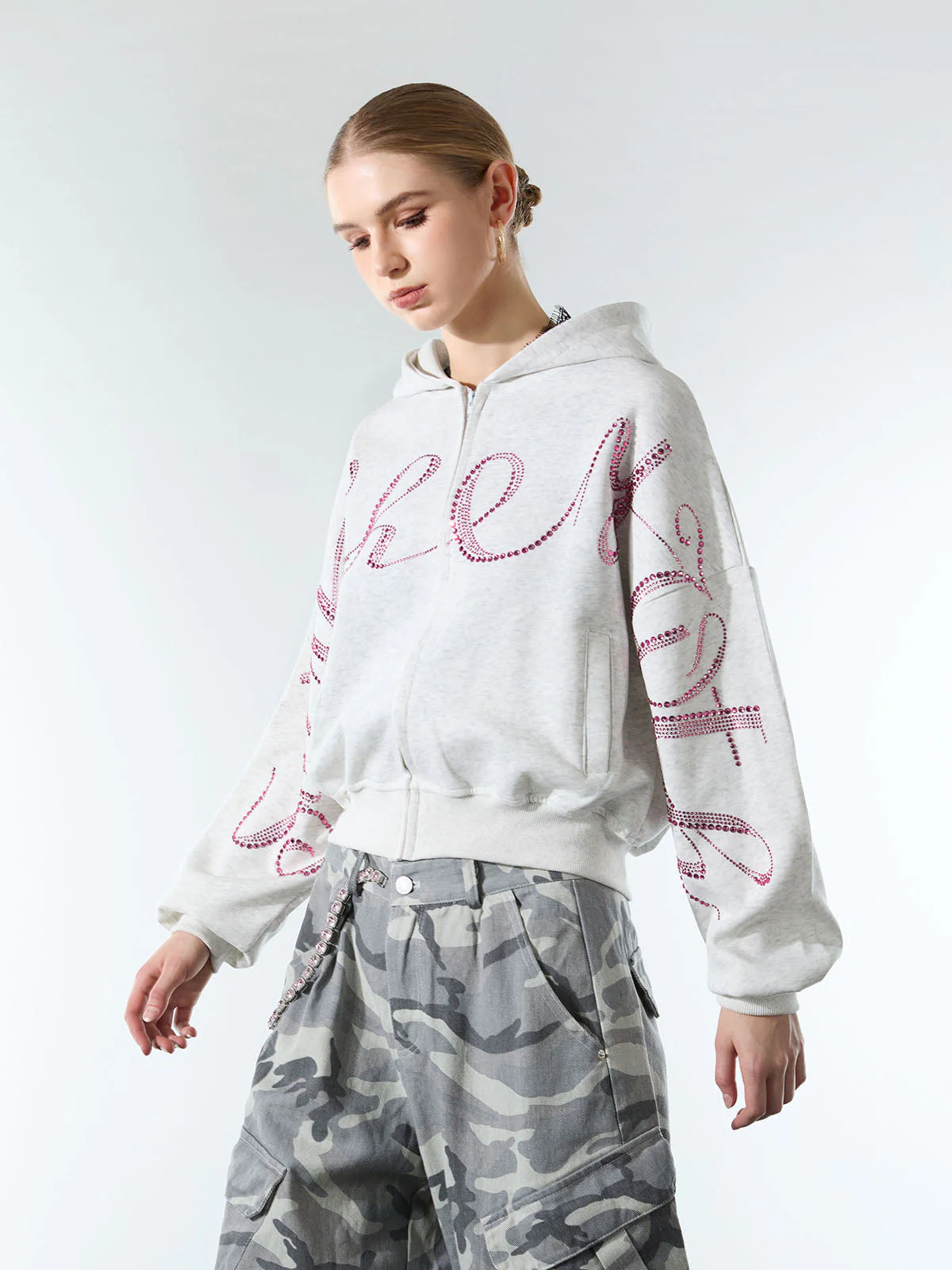 Street Hip-Hop Rhinestone Cropped Zip Up Hoodie - Image 6