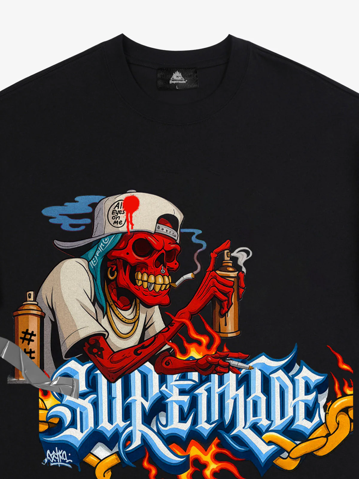 Street Skull Graffiti Artist Flame Flower Font T-Shirt - Image 11