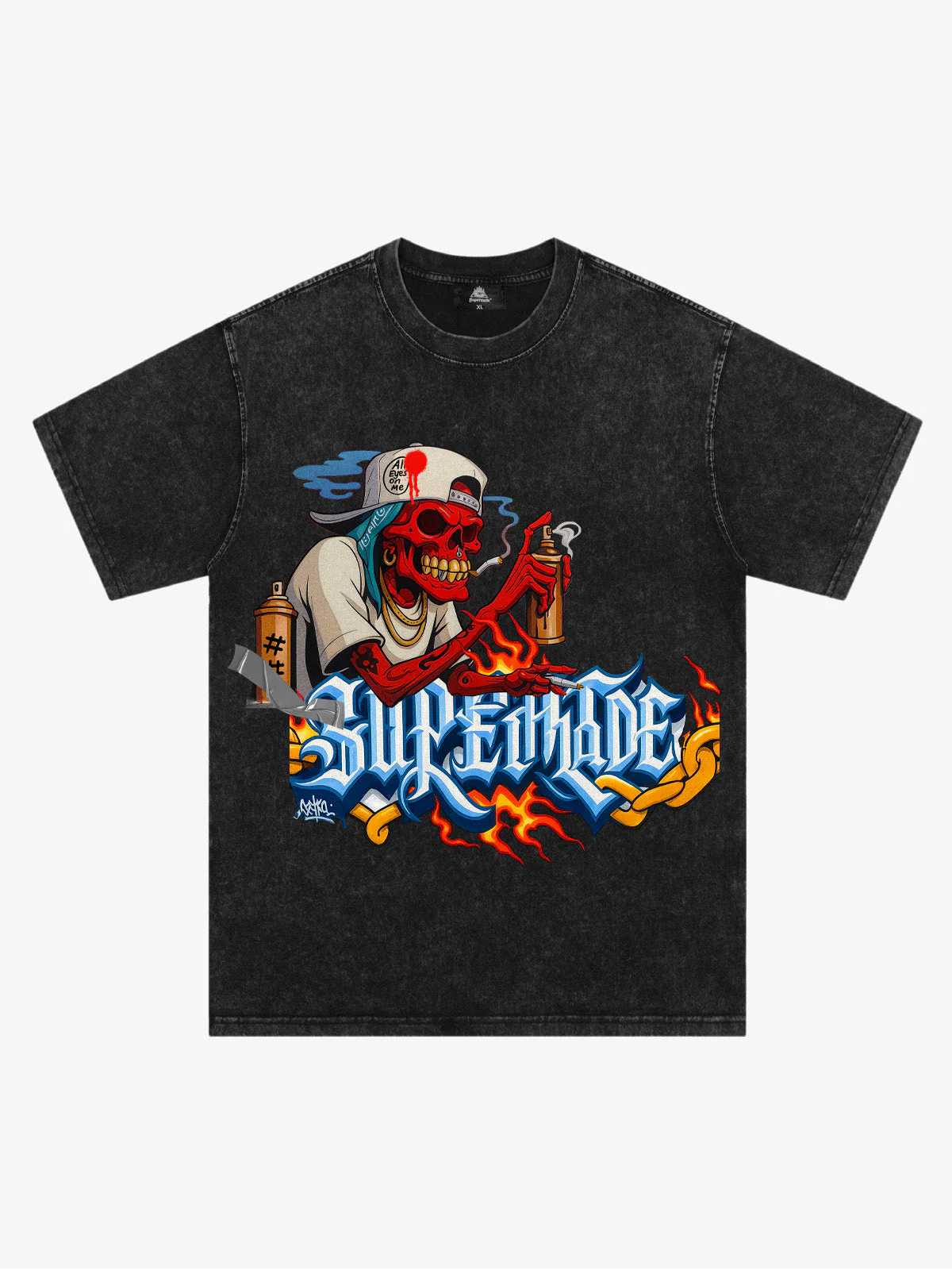 Street Skull Graffiti Artist Flame Flower Font T-Shirt - Image 2