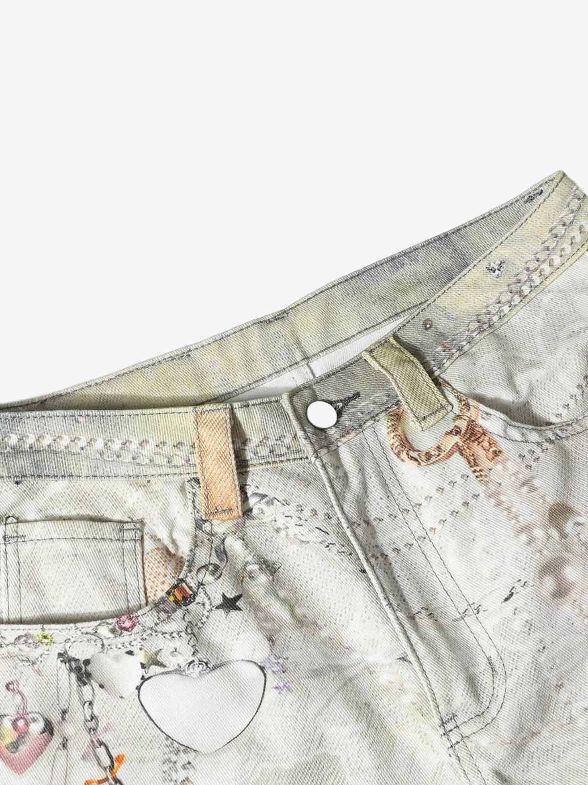 Street Tie-Dye Distressed Chain Detail 3D Printed Jeans - Image 3